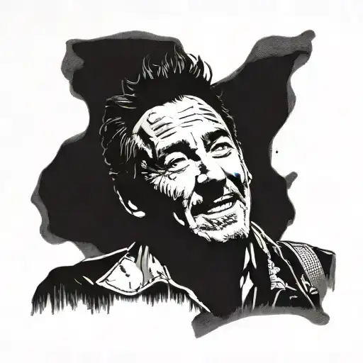 A portrait of Bruce Springsteen with lyrics from his songs as background tattoo design idea
