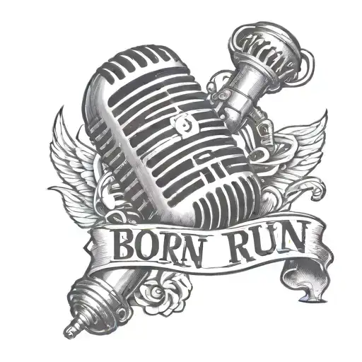 A vintage microphone with a banner that says 'Born to Run' tattoo design idea