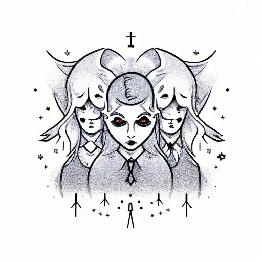 A new-school design featuring a supernatural scene with witches, ghosts, and werewolves tattoo design idea