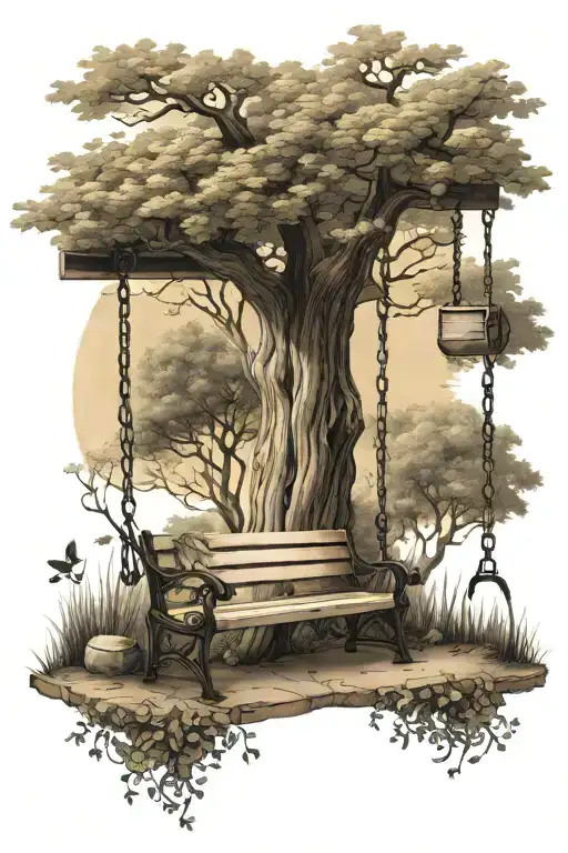 childhood memories, park bench, swings,  tattoo design idea