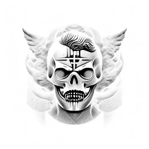 ancient Greek statue with fire earth wind water tattoo design with the half face skull tattoo design idea