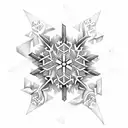 A collection of snowflakes forming the shape of a sword, surrounded by triangular mountain peaks tattoo design idea