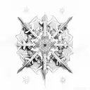 A collection of snowflakes forming the shape of a sword, surrounded by triangular mountain peaks tattoo design idea