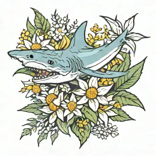edelweiss flowers; shark; harmonie; fluide tattoo design idea