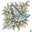 edelweiss flowers; shark; harmonie; fluide tattoo design idea