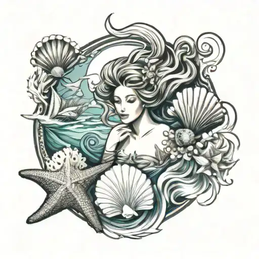 sea shell , Mermaid, starfish in the sea ​​wave tattoo design idea