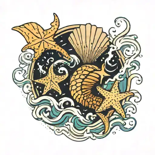 sea shell , Mermaid, starfish in the sea ​​wave tattoo design idea