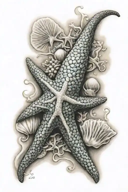 Mermaid starfish sea shell sea  tattoo design idea