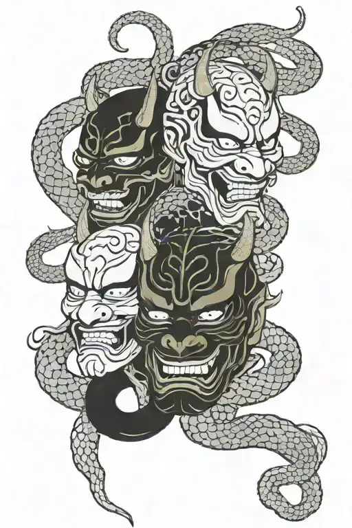 Three Hannya Masks arranged vertically and connected by a snake tattoo design idea