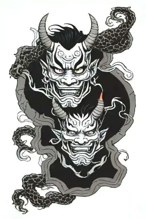 two hannya masks connected by dragon wrapped tattoo design idea