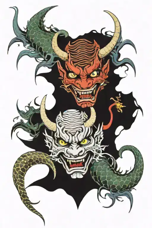 two hannya masks connected by dragon wrapped tattoo design idea