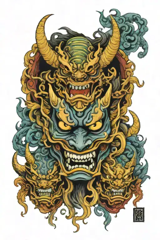 three hannya masks connected by dragon wrapped tattoo design idea