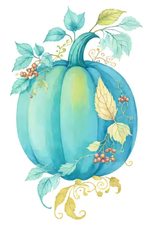 a composition in which a pumpkin is in the center, surrounded by bright yellow and red leaves and bunches of rowan berries. tattoo design idea