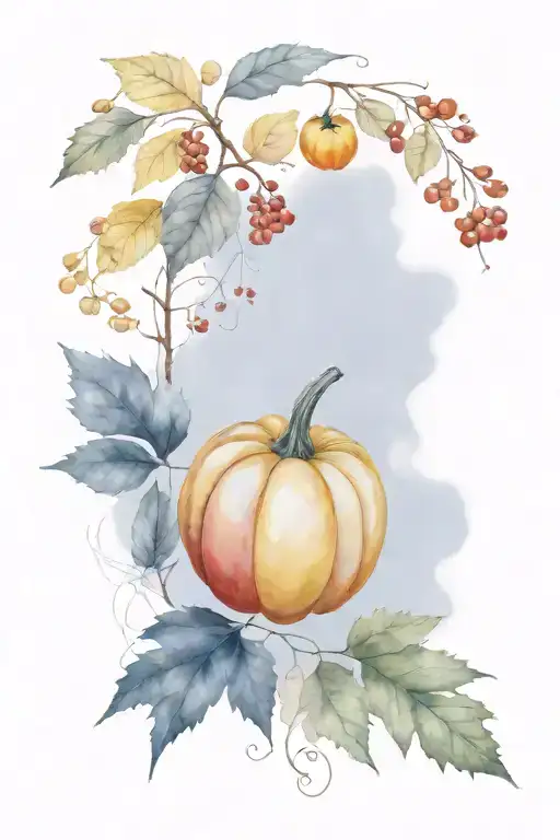 composition, in the center is a yellow pumpkin, surrounded by yellow and red leaves. Around the pumpkin are red rowan berries. tattoo design idea