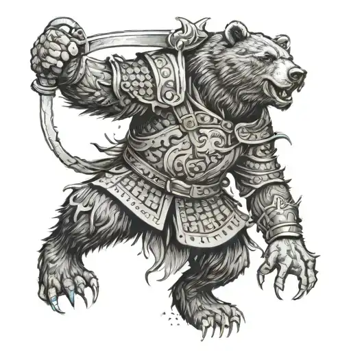A bear warrior leading a historical battle against ghostly enemies tattoo design idea