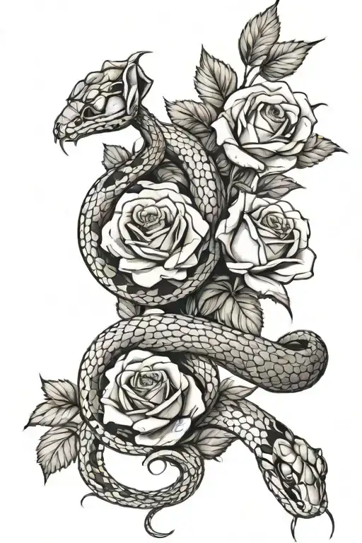 snake wrapped around a bouquet of roses tattoo design idea
