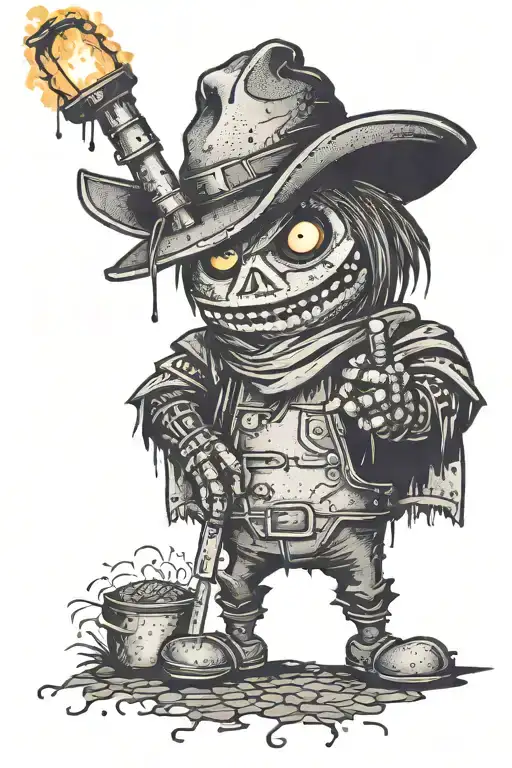 A pixelated scarecrow holding a welding torch tattoo design idea