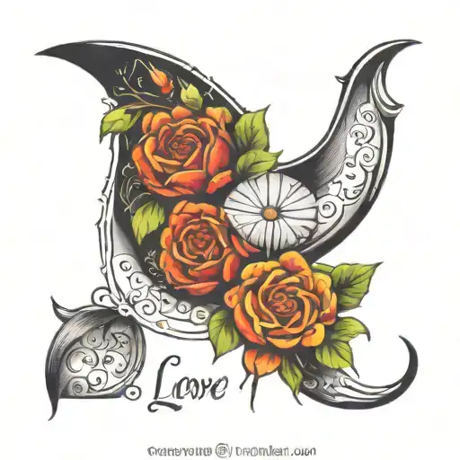 February and July birth flower with crescent moon surrounding, the words "Love you to the Moon" and a hidden letter S tattoo design idea