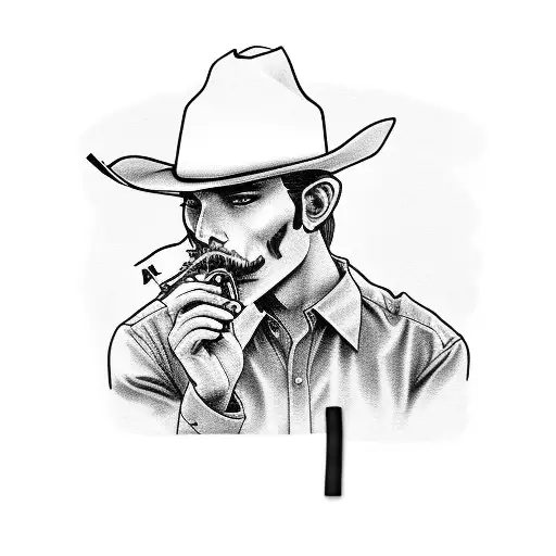 Ghostly cowboy smoking a cigarette holding a royal flush tattoo design idea