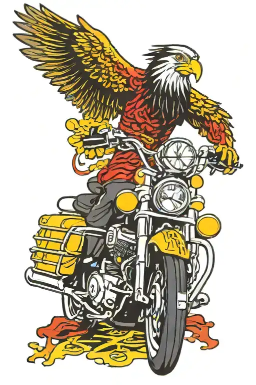 An American Eagle, a Harley Davidson Road King with 16 inches ape hangers and a Menorah, colors black, red, yellow. 7 tattoo design idea