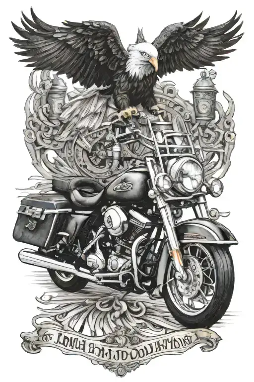 An American Eagle & Harley Davidson Road King with big handlebars and a Jewish Menorah and #7 tattoo design idea