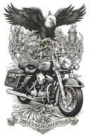 An American Eagle & Harley Davidson Road King with big handlebars and a Jewish Menorah and #7 tattoo design idea