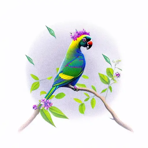 indian ringneck parrot surrounded by flowers tattoo design idea