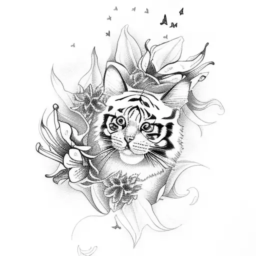 cat reaching for butterfly surrounded by tiger lilies  tattoo design idea