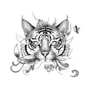cat reaching for butterfly surrounded by tiger lilies  tattoo design idea