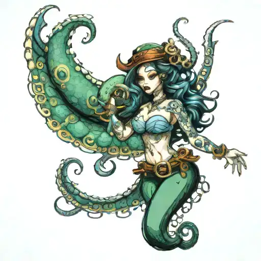 octopus mermaid sea pirate map mythology tattoo design idea