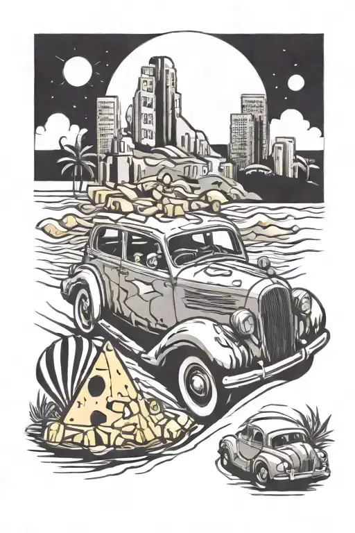 A whimsical design of a vintage car driving through a cheese-themed road trip, passing by a beach with giant cheese sculptures tattoo design idea