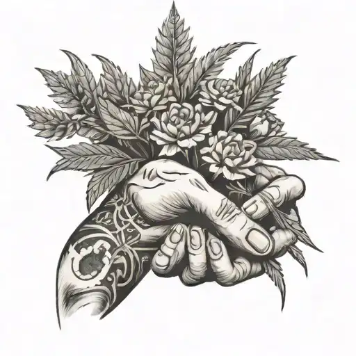 A seller's hand holding a bouquet of weed plants with a rock racing track in the background tattoo design idea