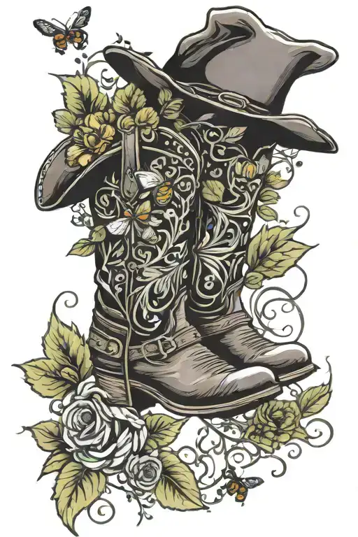 cowboy boots with a cowboy hat with vines and a bumble bee   tattoo design idea