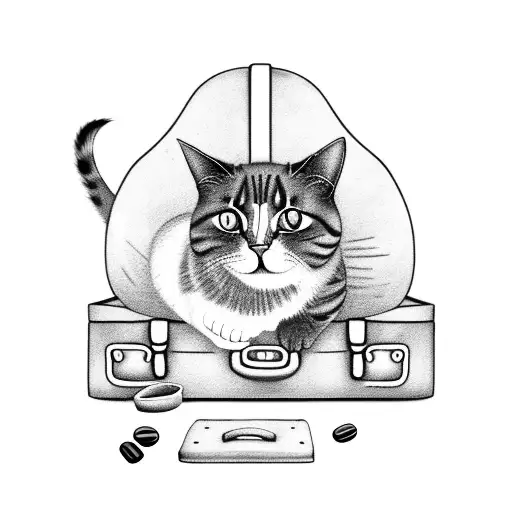 A cat sitting on top of a suitcase with coffee beans spilling out tattoo design idea