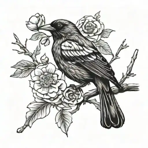 blackbird on a branch with flowers surrounding tattoo design idea