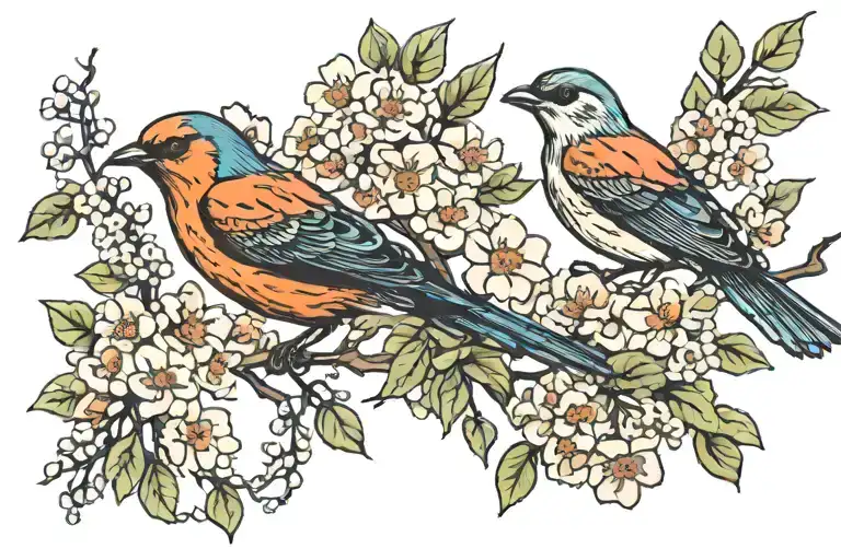 bird and hawthorn tree with flowers tattoo design idea
