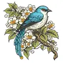 bird and hawthorn tree with flowers tattoo design idea