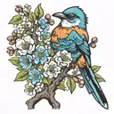 bird and hawthorn tree with flowers tattoo design idea
