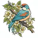 bird and hawthorn tree with flowers tattoo design idea