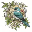 bird and hawthorn tree with flowers tattoo design idea