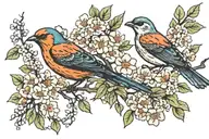 bird and hawthorn tree with flowers tattoo design idea