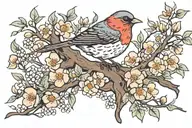 bird and hawthorn tree with flowers tattoo design idea