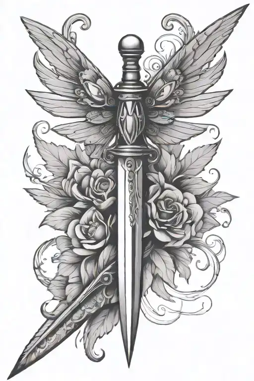 dagger with insect wings holding tattoo design idea