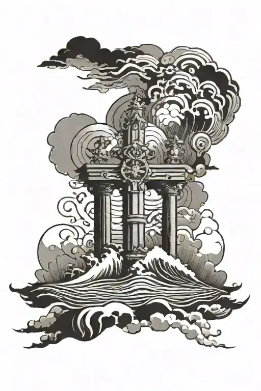 battle cross, sunrays, pearly gate clouds, ocean wave merging tattoo design idea