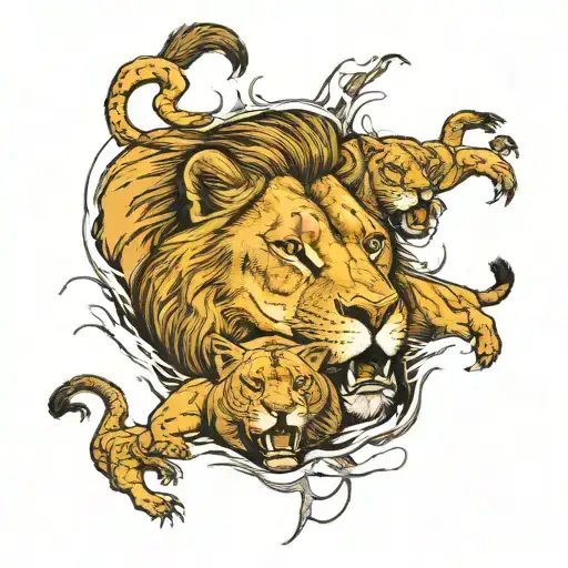 ROARING LION WITH ONE LIONESS AND THREE CUBS tattoo design idea