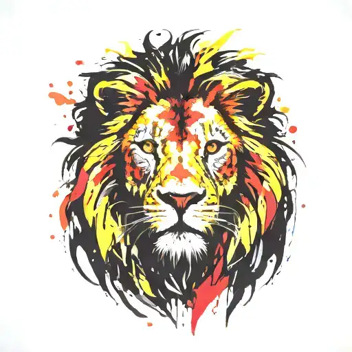 angry lion head painted in black and yellow with 3 cubs tattoo design idea