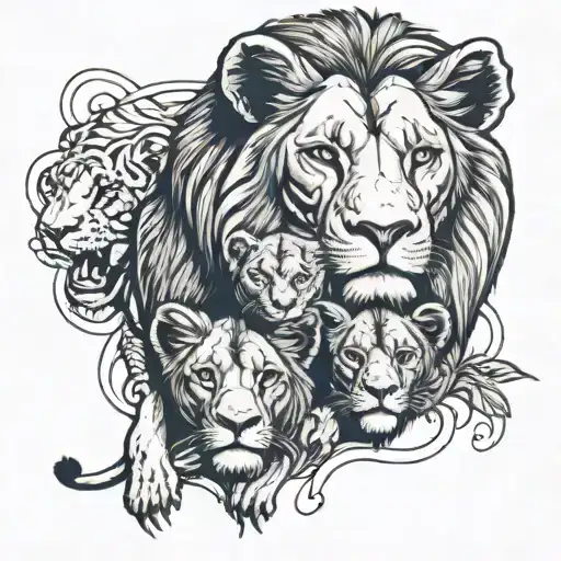 lion with lioness surrounded with 3 cubs face only tattoo design idea