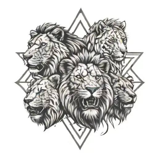 One roaring lion, next to it a roaring lioness, below them 3 roaring lion cubs and around a Star of David  tattoo design idea