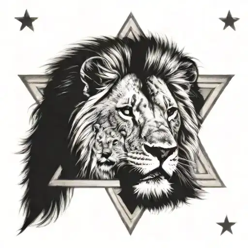 Please make me a realistic tattoo of a lion with three small lions and a lioness next to them all inside a Star of David tattoo design idea
