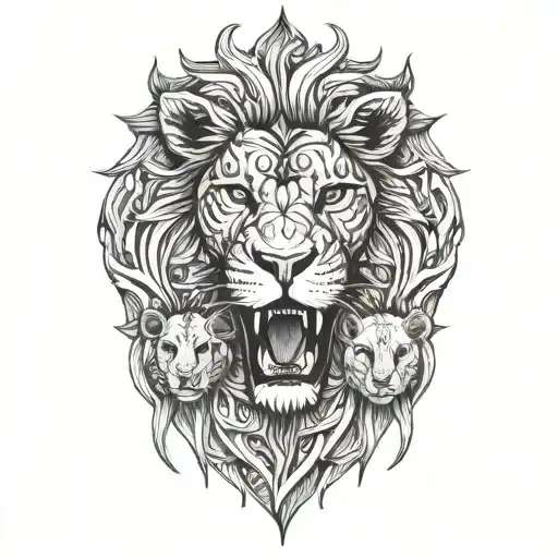 one lion roaring, one lioness roaring, 3 lion cubs  tattoo design idea